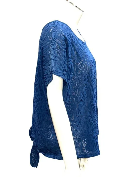 Forever 21 Large Blue Burnout Rose Tie Back Short Sleeve Top Casual Feminine Y2K - Picture 5 of 12